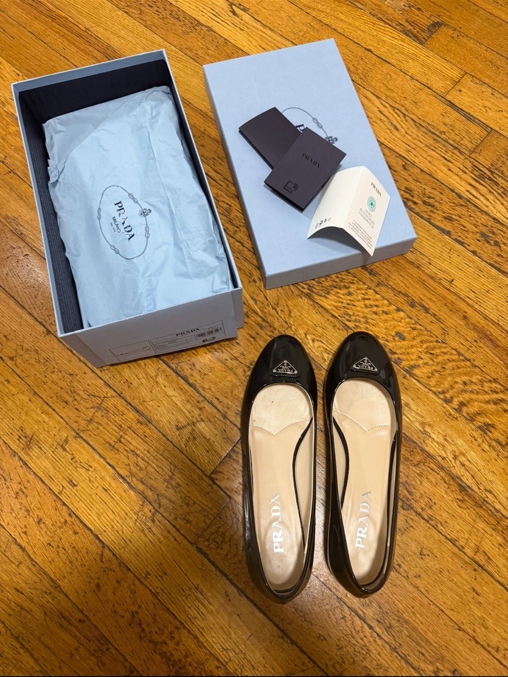 Prada Black Patent Leather Logo Cap-Toe Ballet Flats 37.5 small stain